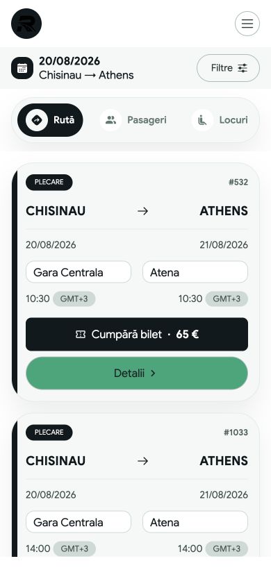 Curse disponibile cu ruta, orele de plecare și prețul biletului