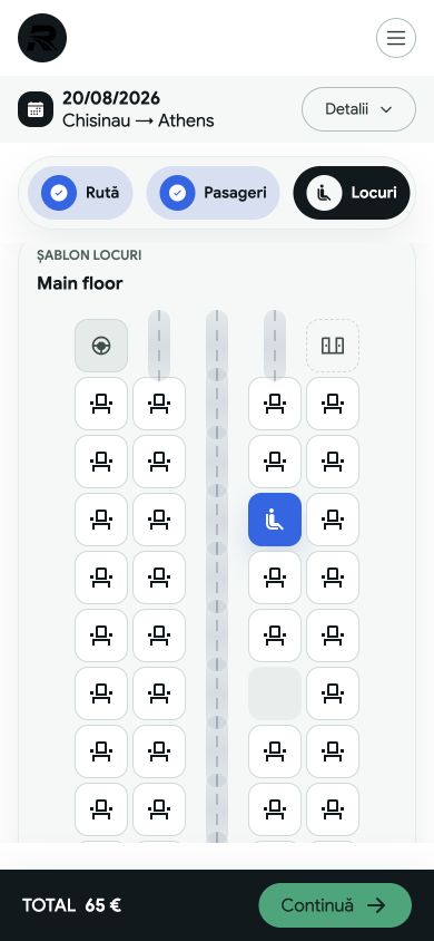 Alegerea locului din schema autocarului pe telefon